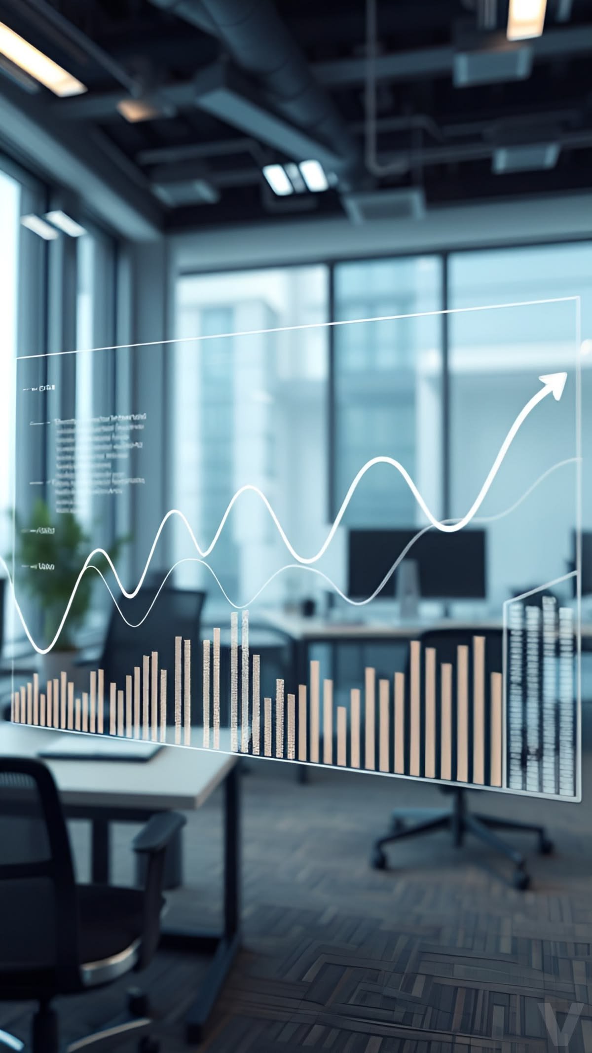 Digital financial chart with upward trending line and bar graph displayed on glass in modern office workspace