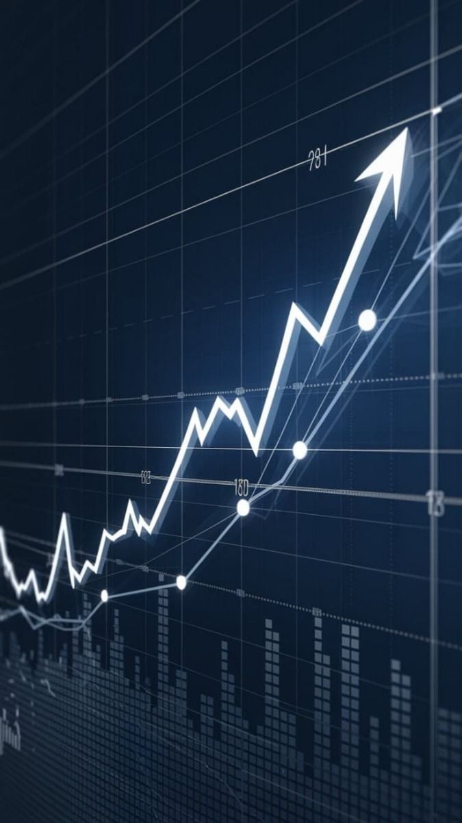 Upward trending financial chart with glowing white arrow and data points on dark blue grid background