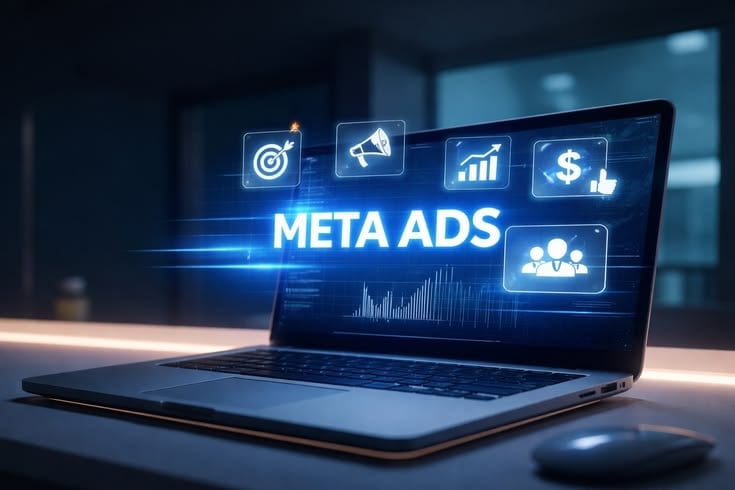Laptop displaying glowing Meta Ads interface with marketing icons including target, megaphone, analytics charts, money, and user profiles on dark background